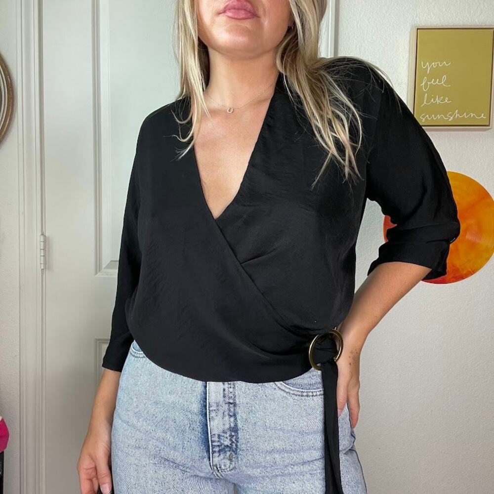 Y2K Express Black Satin Wrap Top W Buckle Detail Sz XS